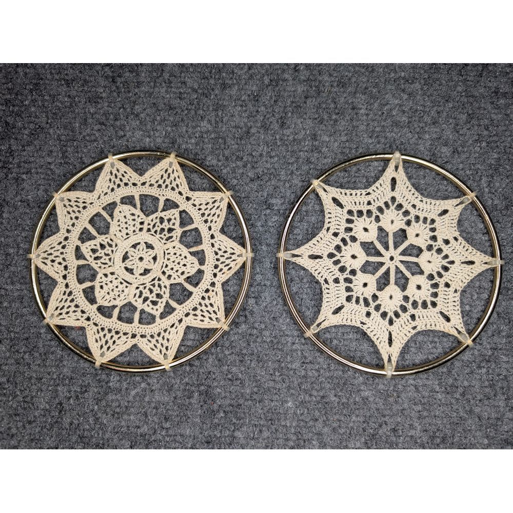 (2) Hand Crochet Doilies Mounted In 5" Gold Hoops‎ Wall Decor